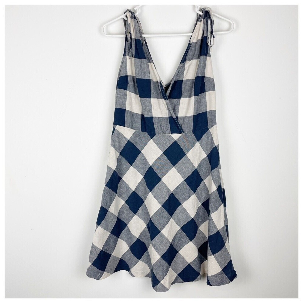 Zara plaid gingham summer a-line dress linen blend navy blue sleeveless large